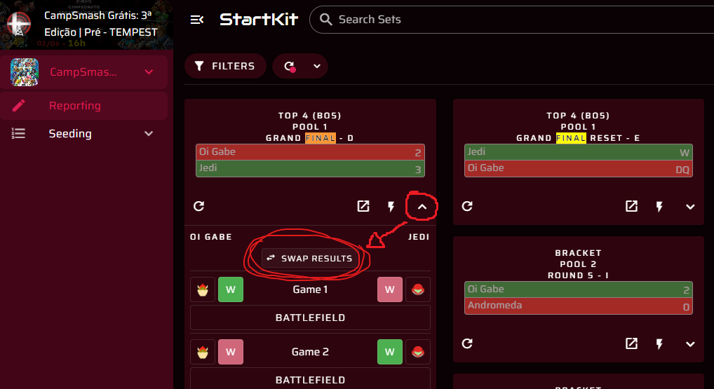 How to access StartKit to swap results of previous sets