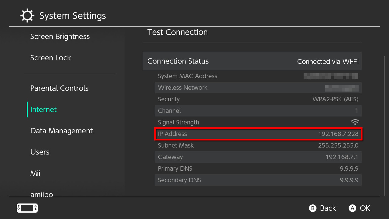 Screenshot showing where the IP Address on your Nintendo Switch will be